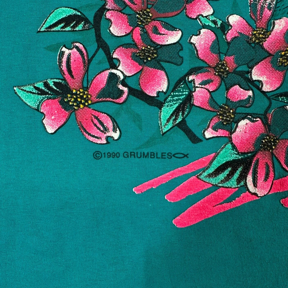 Hanes T-Shirt Mens XL Teal 1990 Grumbles Horse Floral Vintage Graphic Tee USA - Picture 2 of 8